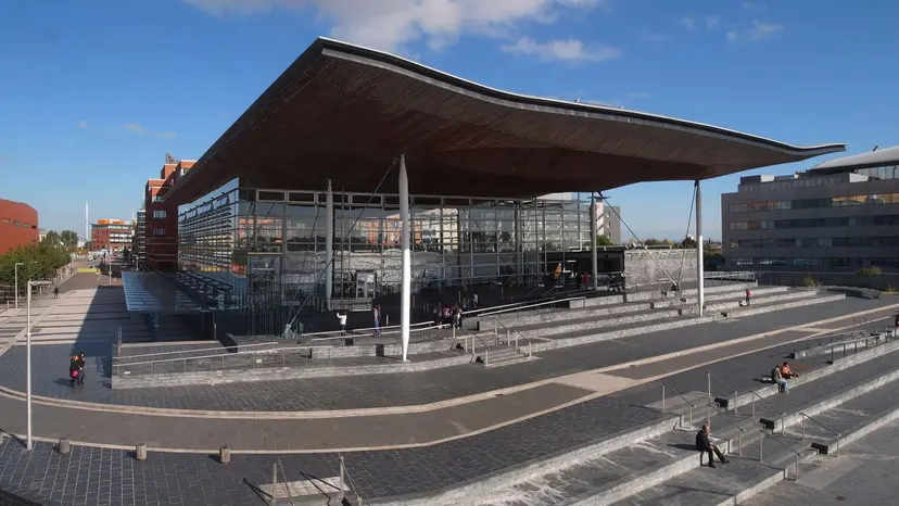The Senedd, the Welsh parliament building, on the waterfront at Cardiff Bay.