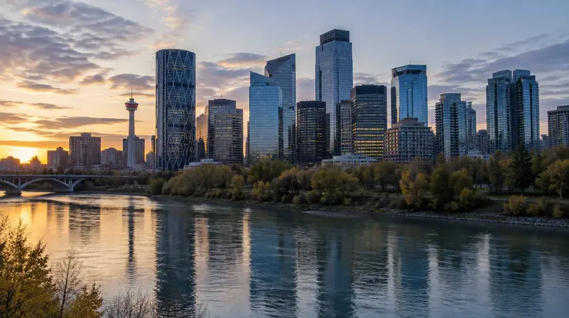 Downtown Calgary's office towers at dawn reflected in the Bow River.