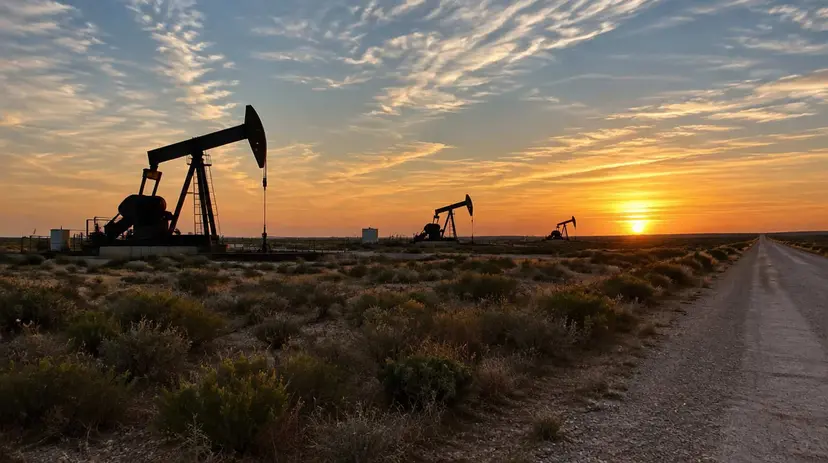 Pumpjacks silhouetted against a golden sunset over West Texas scrubland beside a caliche road.