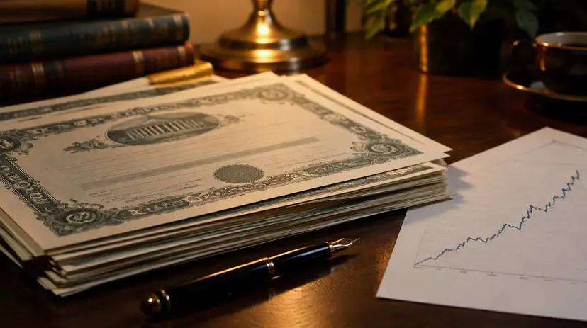 A stack of engraved bond certificates and a fountain pen on a dark desk beside a printed chart of rising rates.
