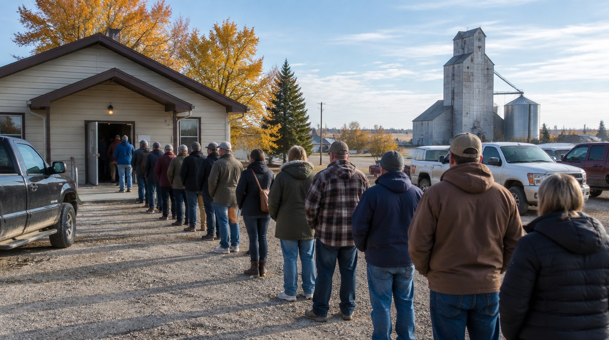Voters line up outside a small community hall polling station in a prairie town in Alberta.