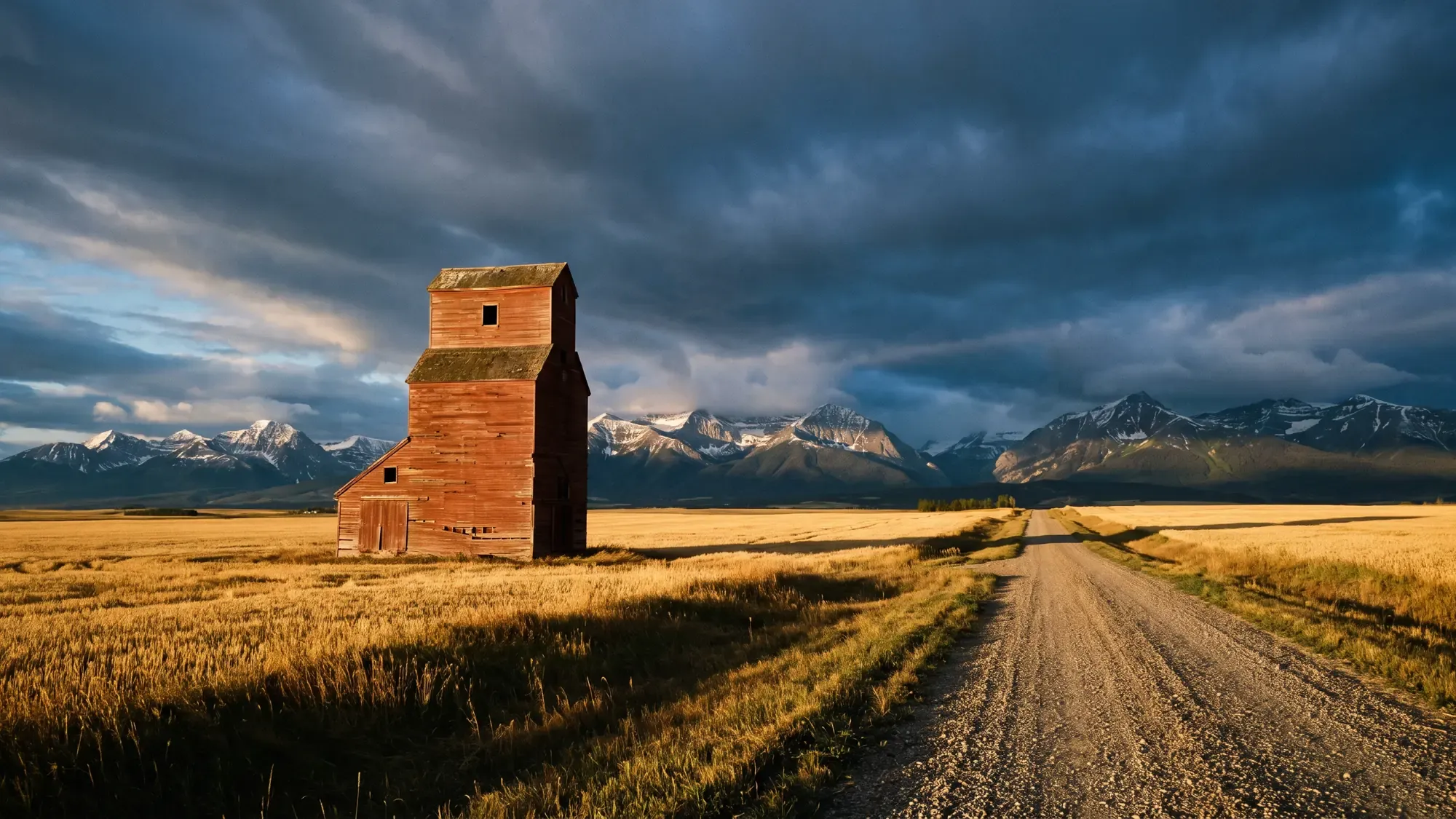 A red wooden grain elevator on golden Alberta prairie beside a gravel road, with the snow-capped Rockies under storm clouds