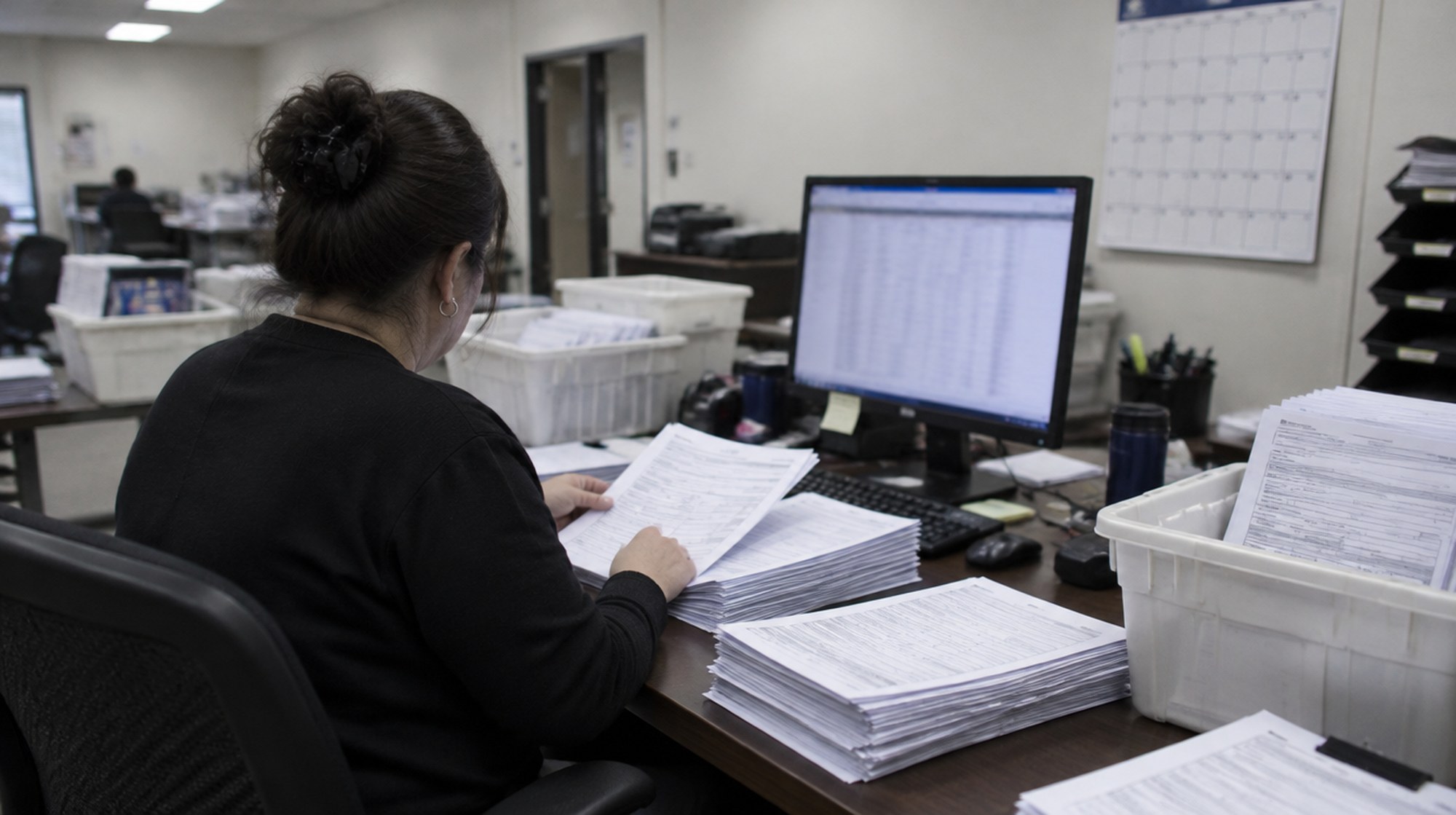 A county elections worker sorts stacks of voter registration forms at a desk.