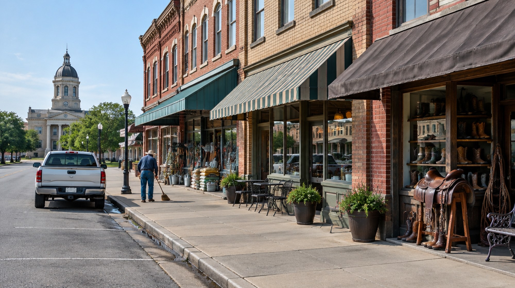 Historic brick storefronts with awnings on a small-town Texas main street on a bright morning, with a courthouse dome beyond.