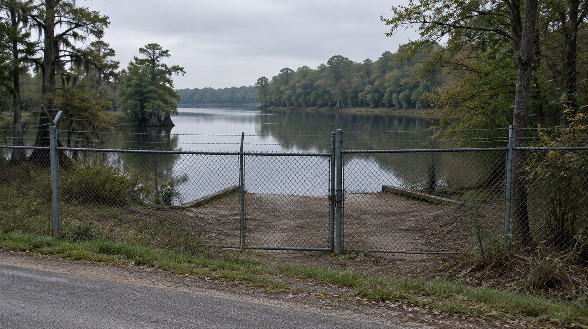 A chain-link fence closes off an old boat launch at the edge of a tree-lined East Texas lake.