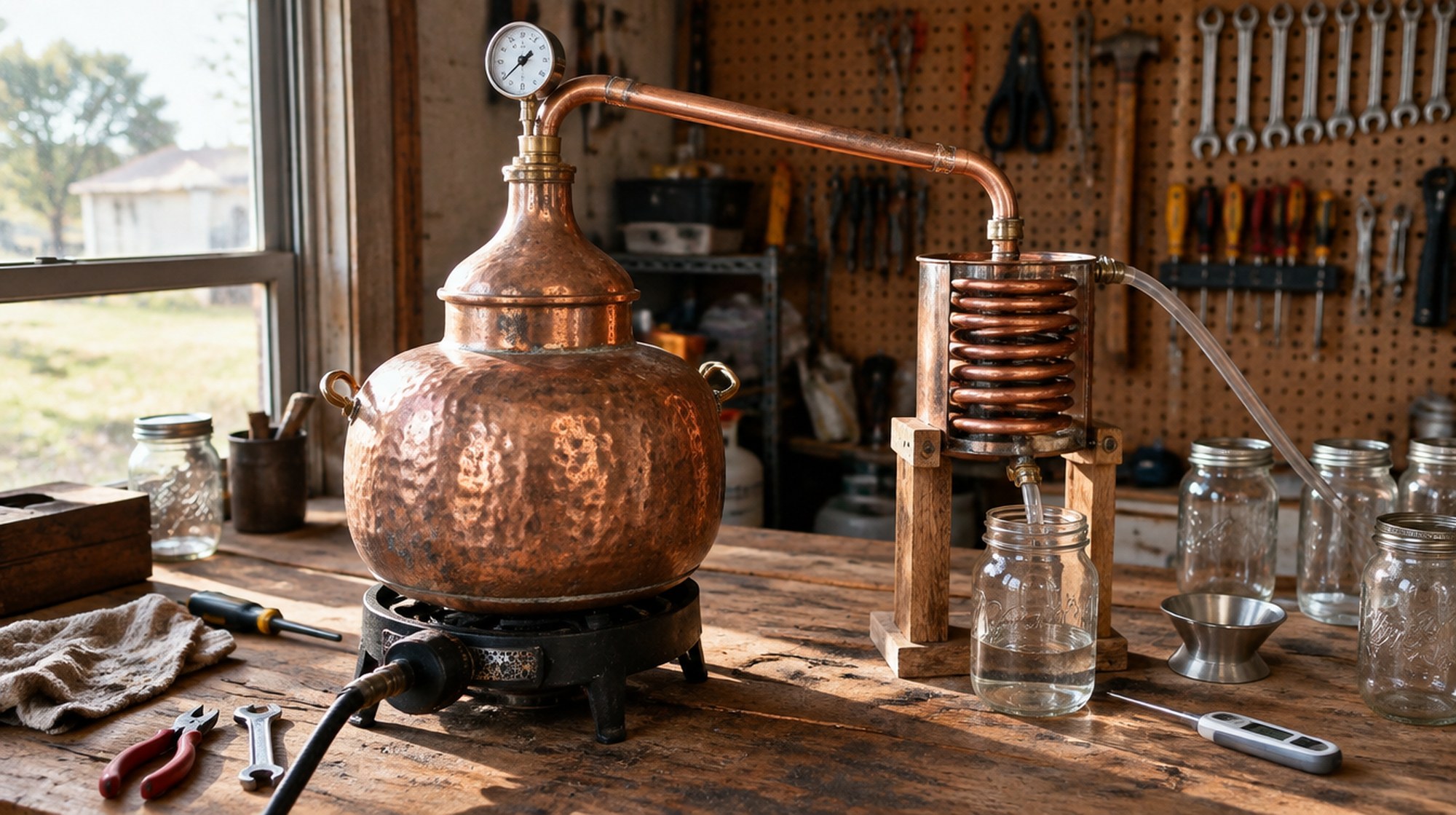 A small copper pot still with a coiled condenser on a workbench in a home garage workshop.
