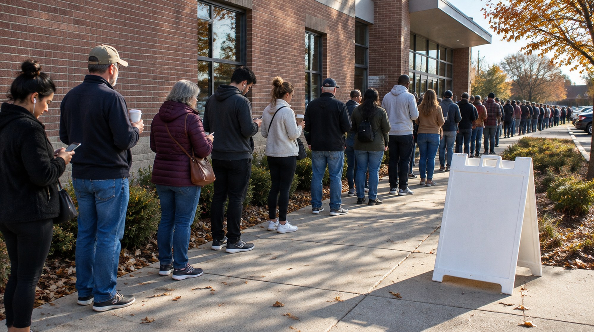 Voters wait in a long line along a brick building outside an early voting site on an autumn morning.