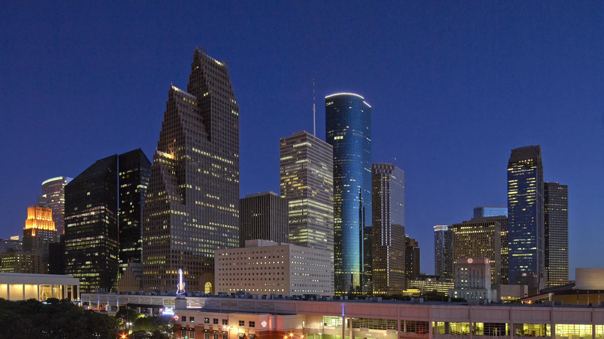 The downtown Houston skyline at dusk