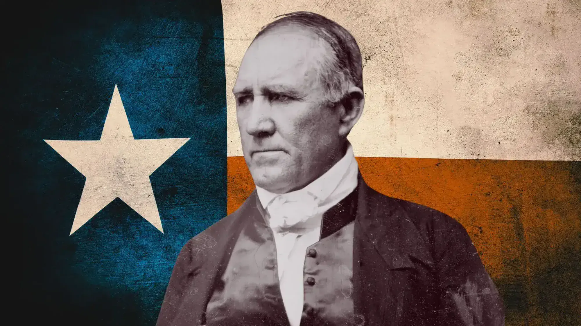 Portrait of Sam Houston against the Texas flag