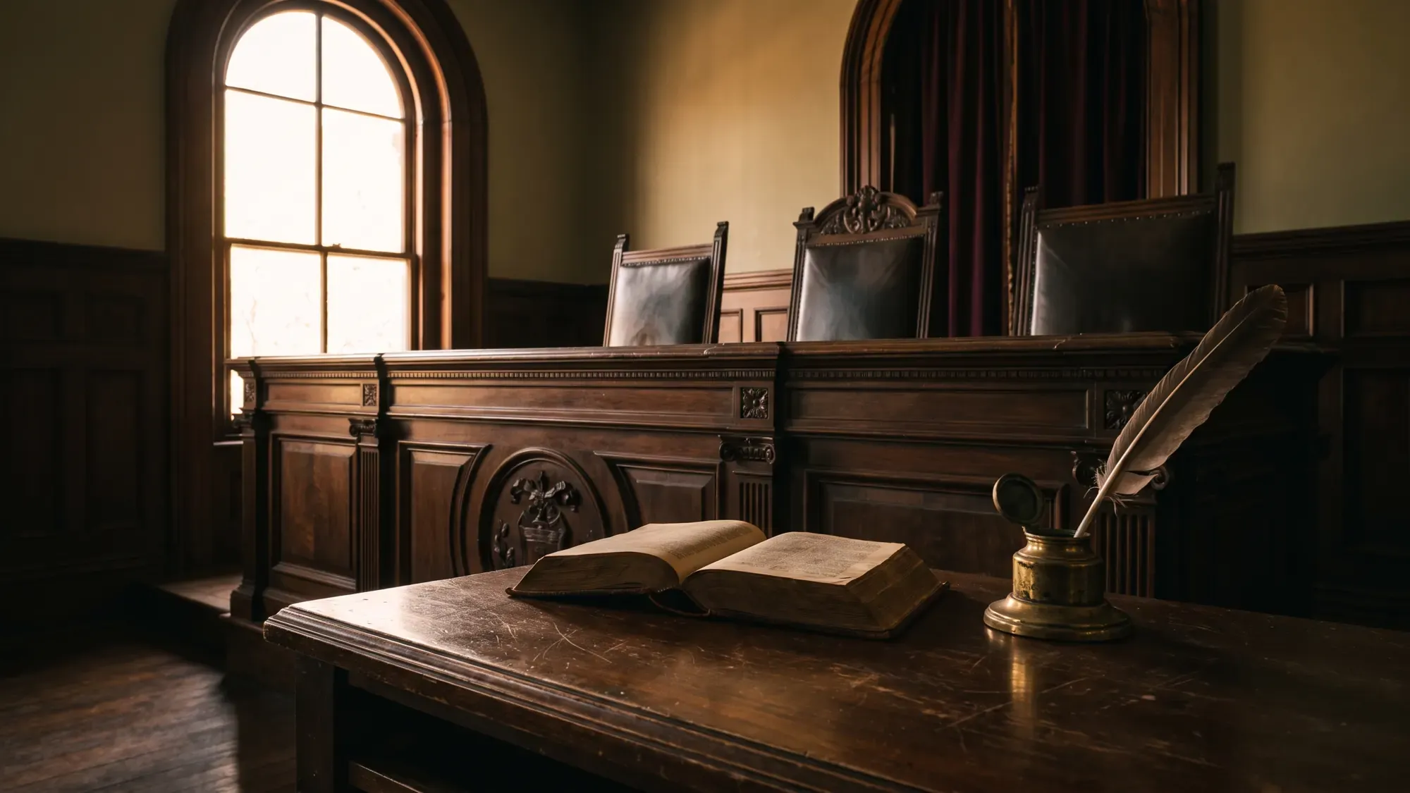 An empty nineteenth-century courtroom bench with an open law book and a quill