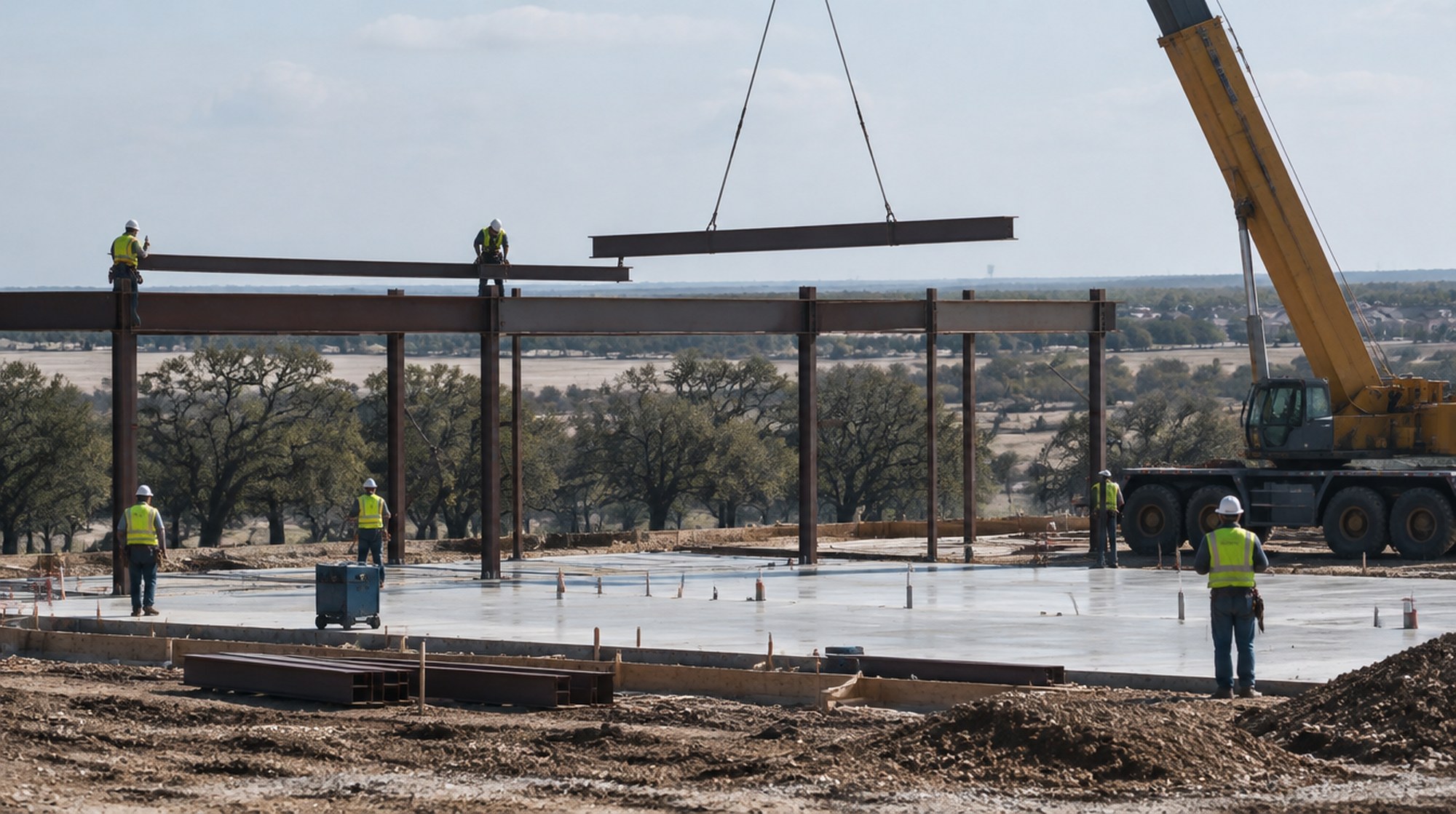 Construction workers setting steel beams with a crane on a new commercial building at the edge of a Texas suburb.
