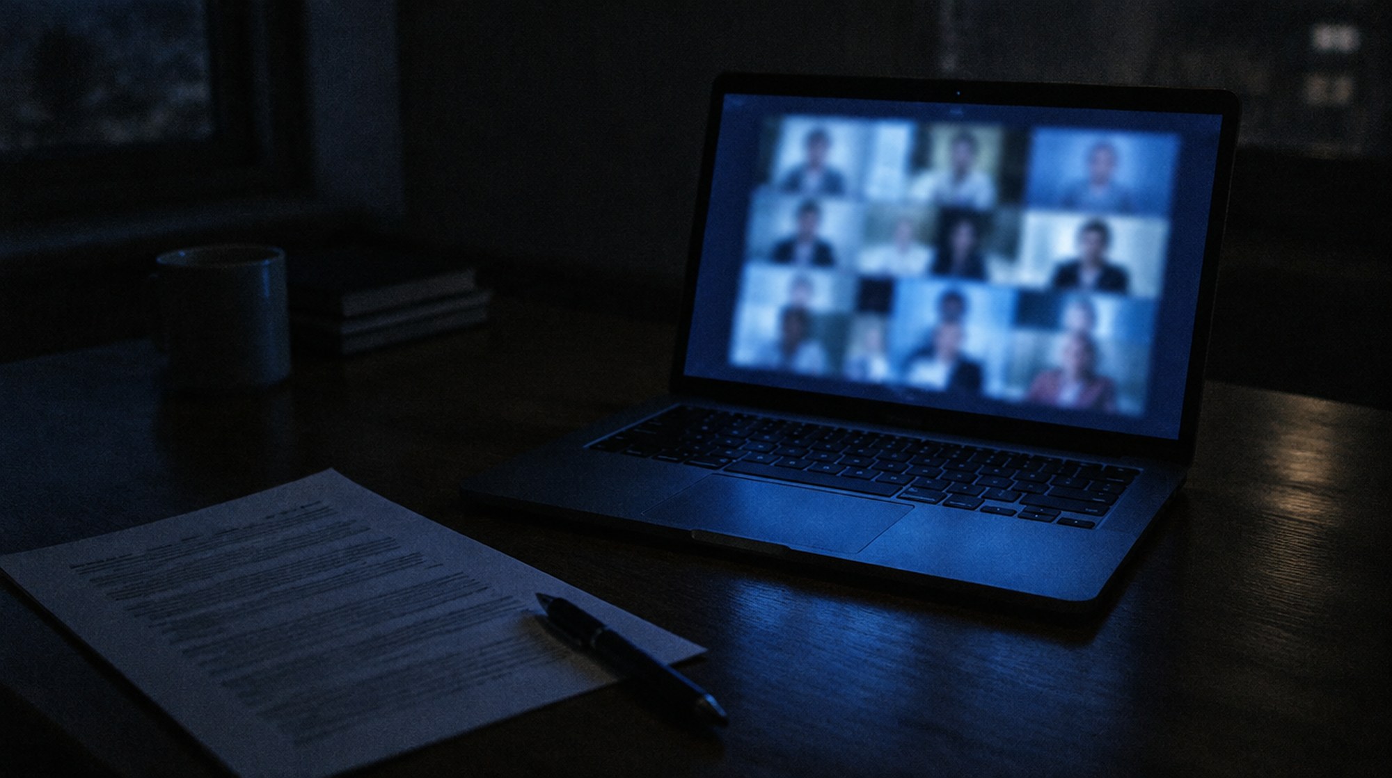 A laptop on a dark desk at night showing a blurred video call, beside a printed memo.