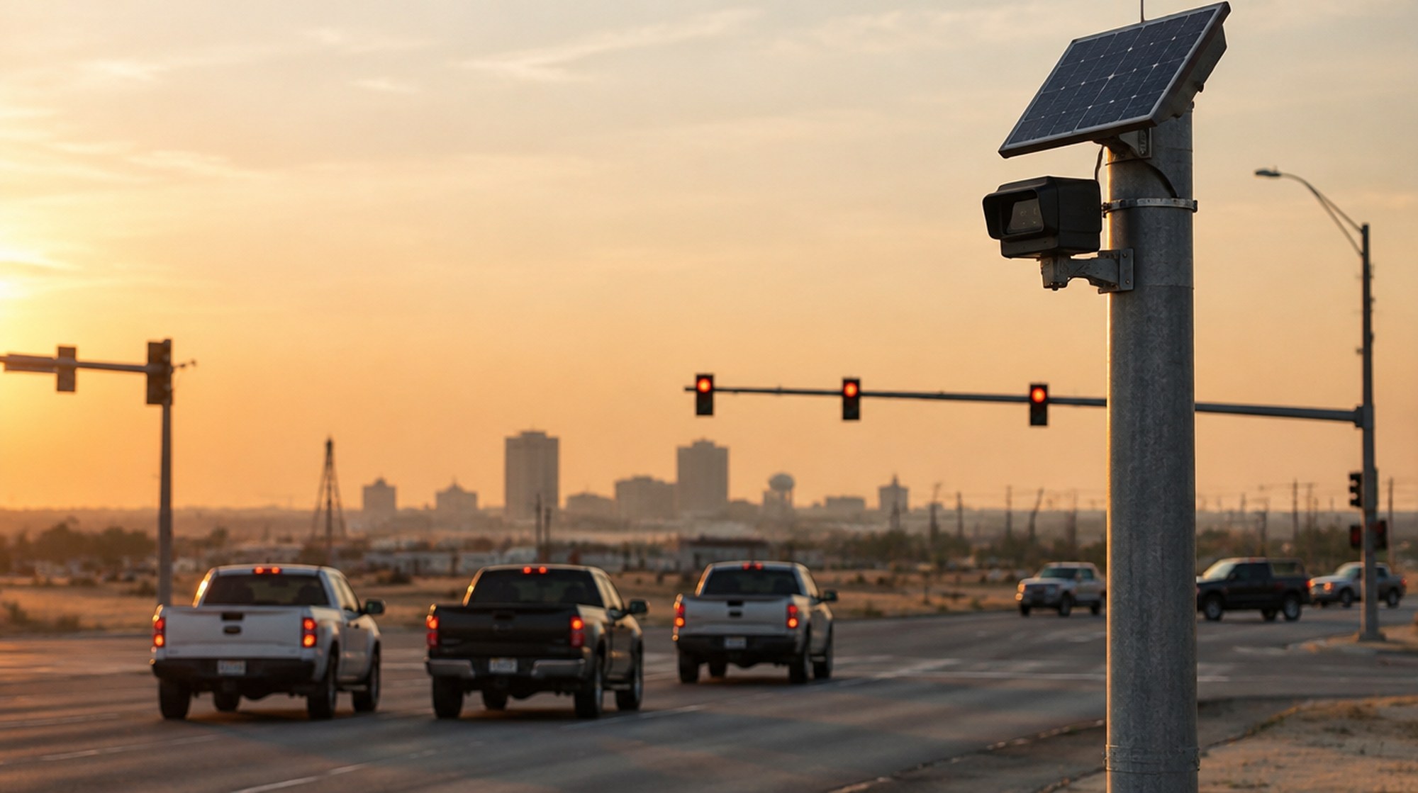 A solar-powered license plate reader camera on a pole at a Midland intersection at sunset.