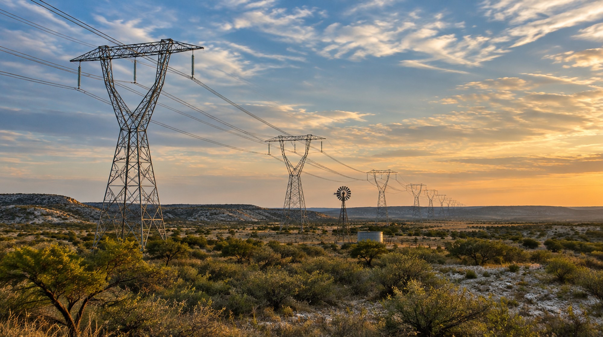Steel lattice transmission towers crossing West Texas ranchland at sunset, with a windmill and water tank in the distance.