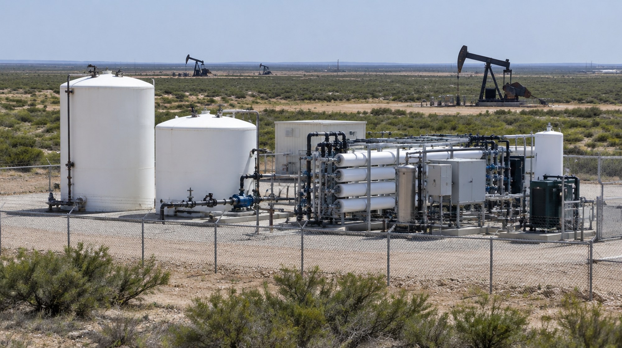 A produced water treatment pilot facility with white tanks and pipes beside pump jacks in the Permian Basin.