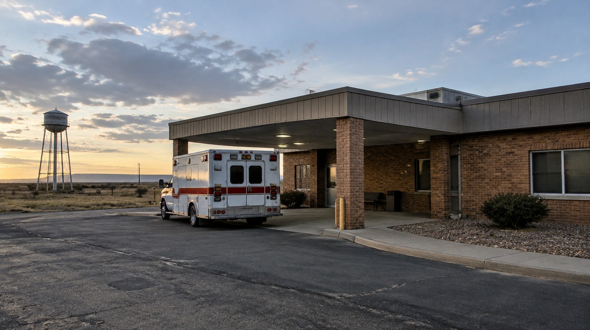 A small rural hospital in a West Texas town with an ambulance at the emergency entrance.
