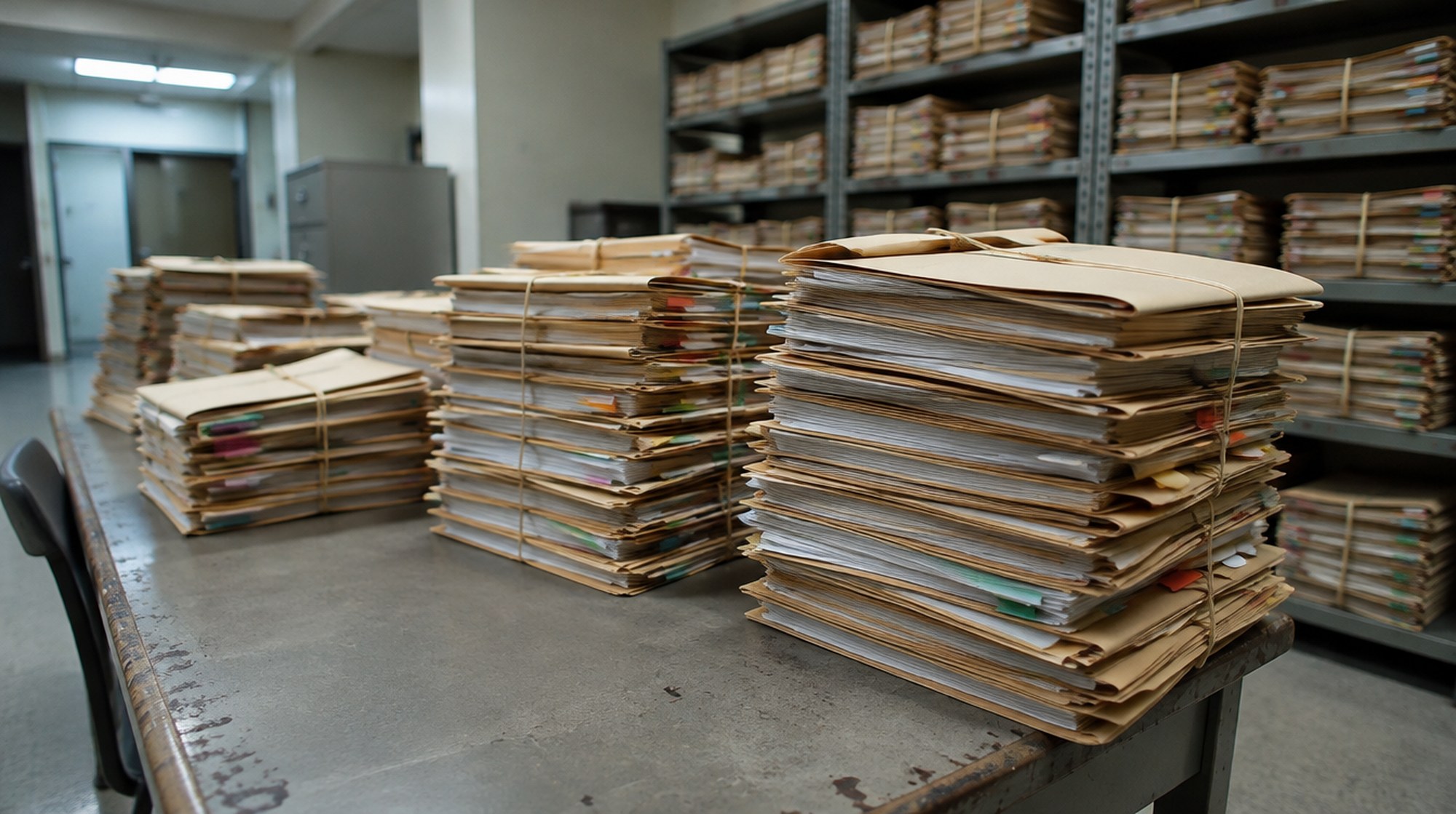 Stacks of tied manila case files on a table in a government records room.