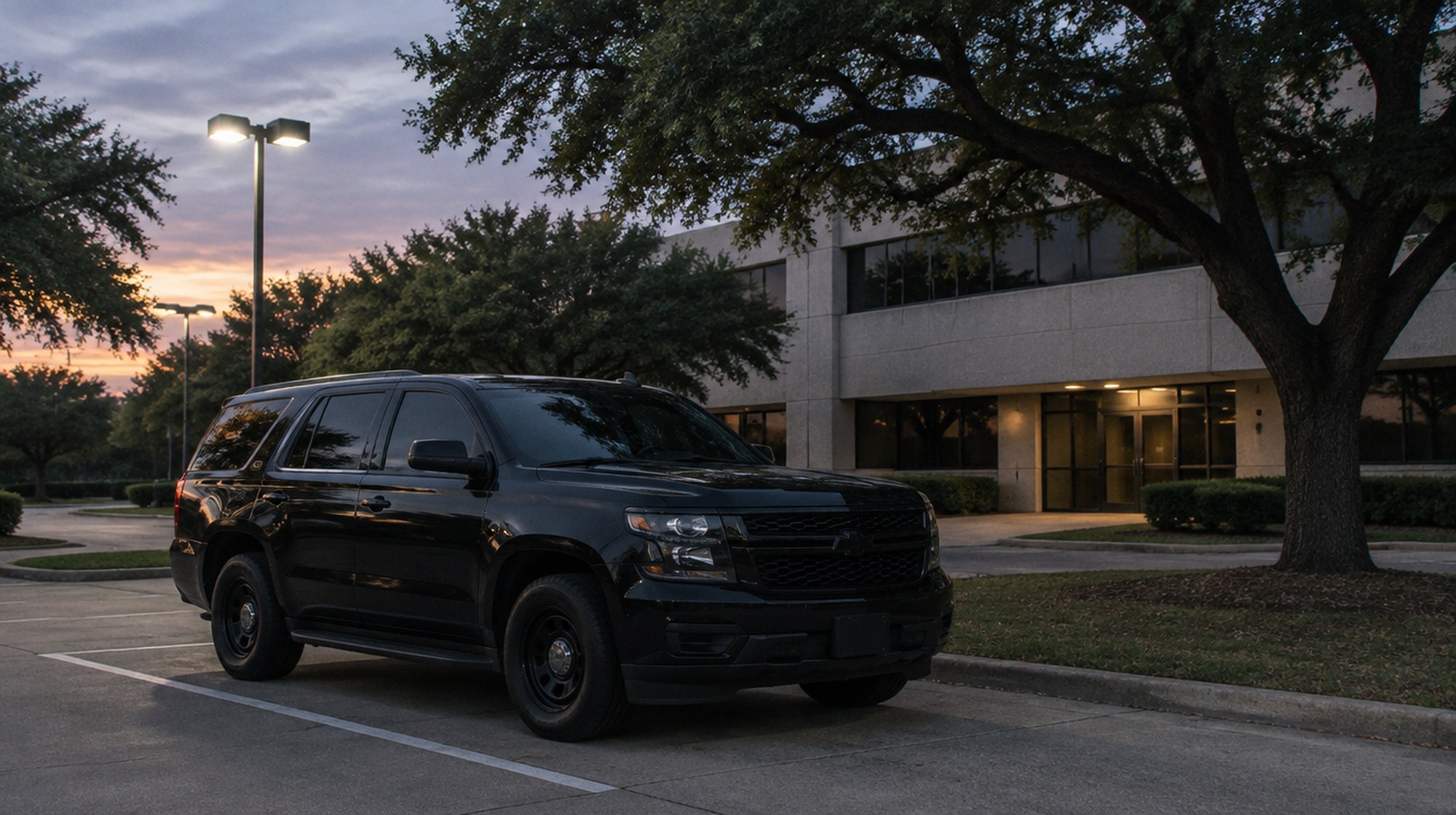 An unmarked law enforcement SUV parked outside an office building in North Texas at dusk.
