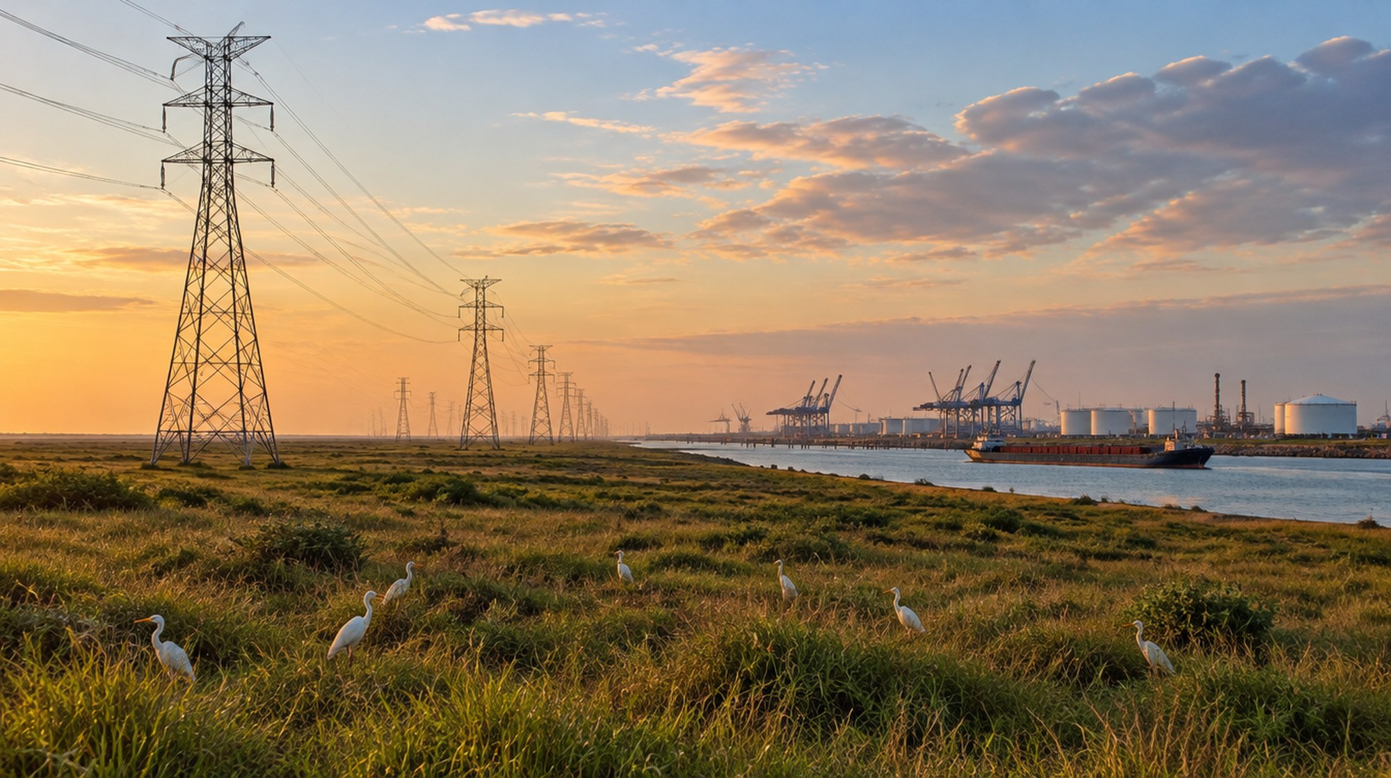 High-voltage transmission towers crossing coastal prairie near an industrial port on the Texas Gulf Coast at golden hour.
