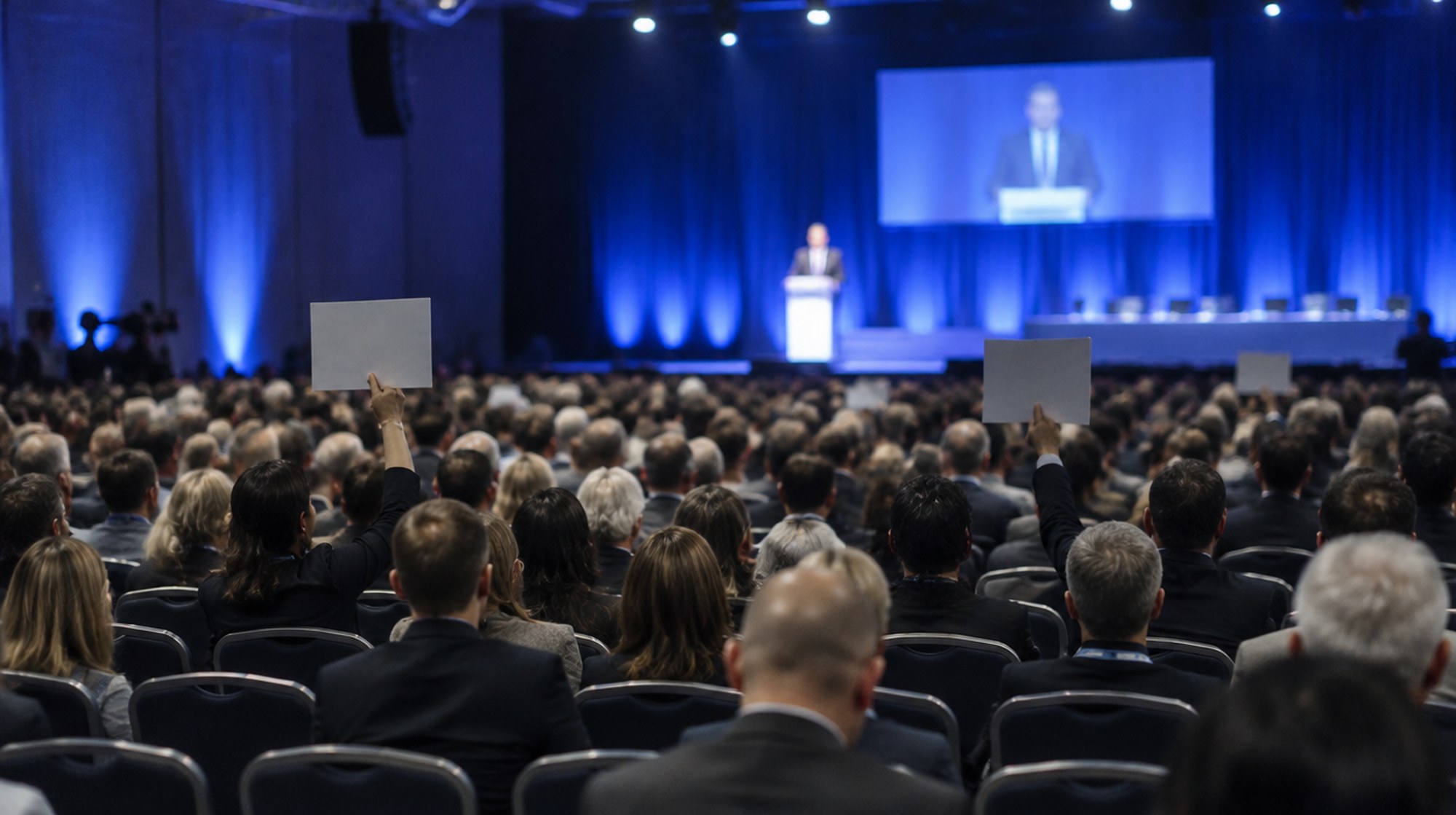 Delegates in a conference hall watch a speaker at a distant lectern under blue stage lights.