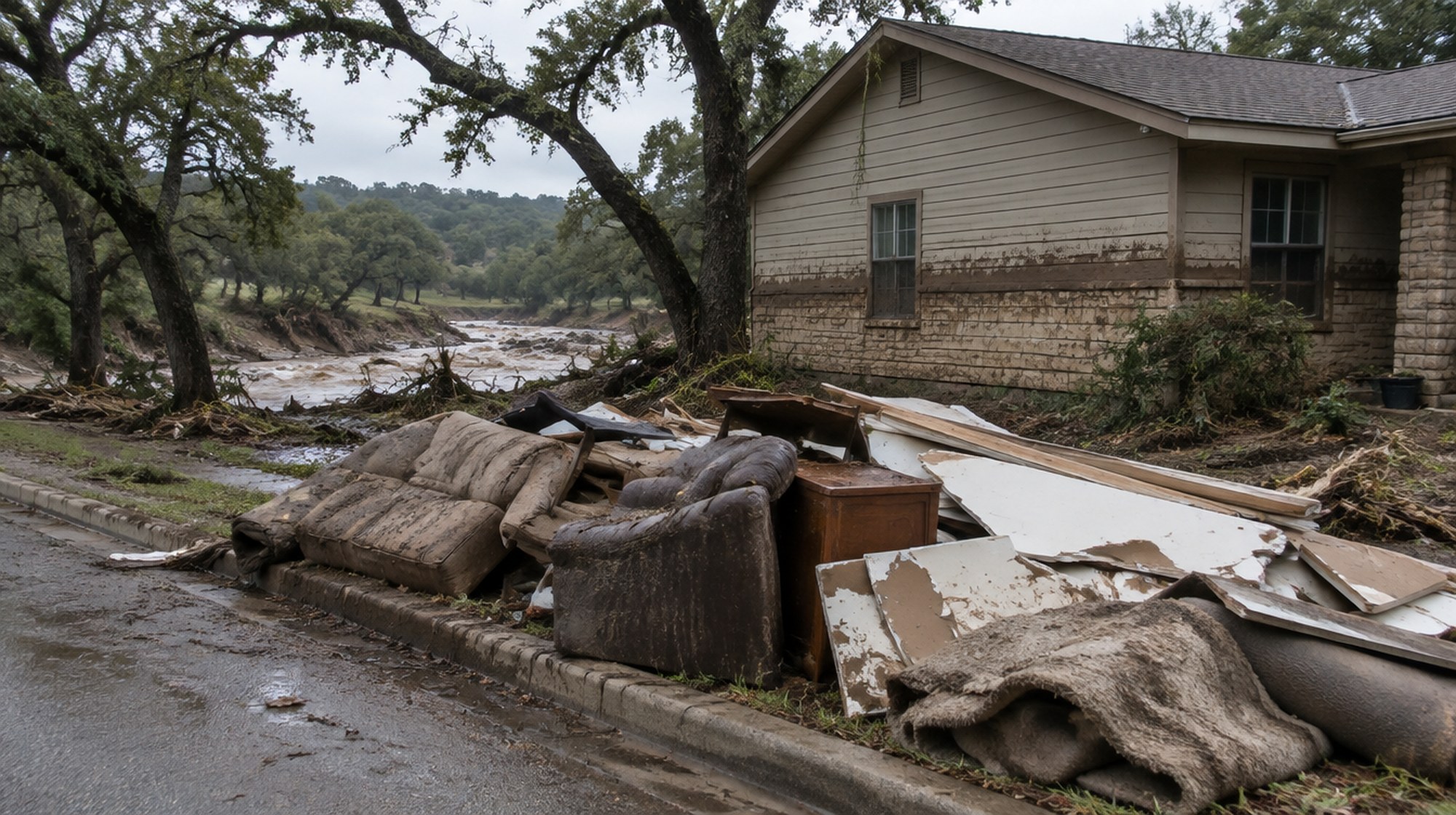 Flood-damaged furniture and drywall piled at the curb of a Texas Hill Country house.