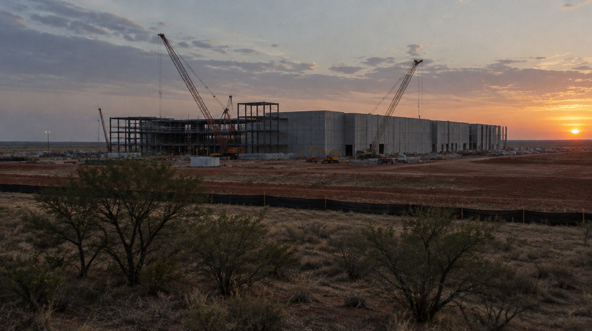 A large data center building under construction on flat Texas ranchland at dusk.