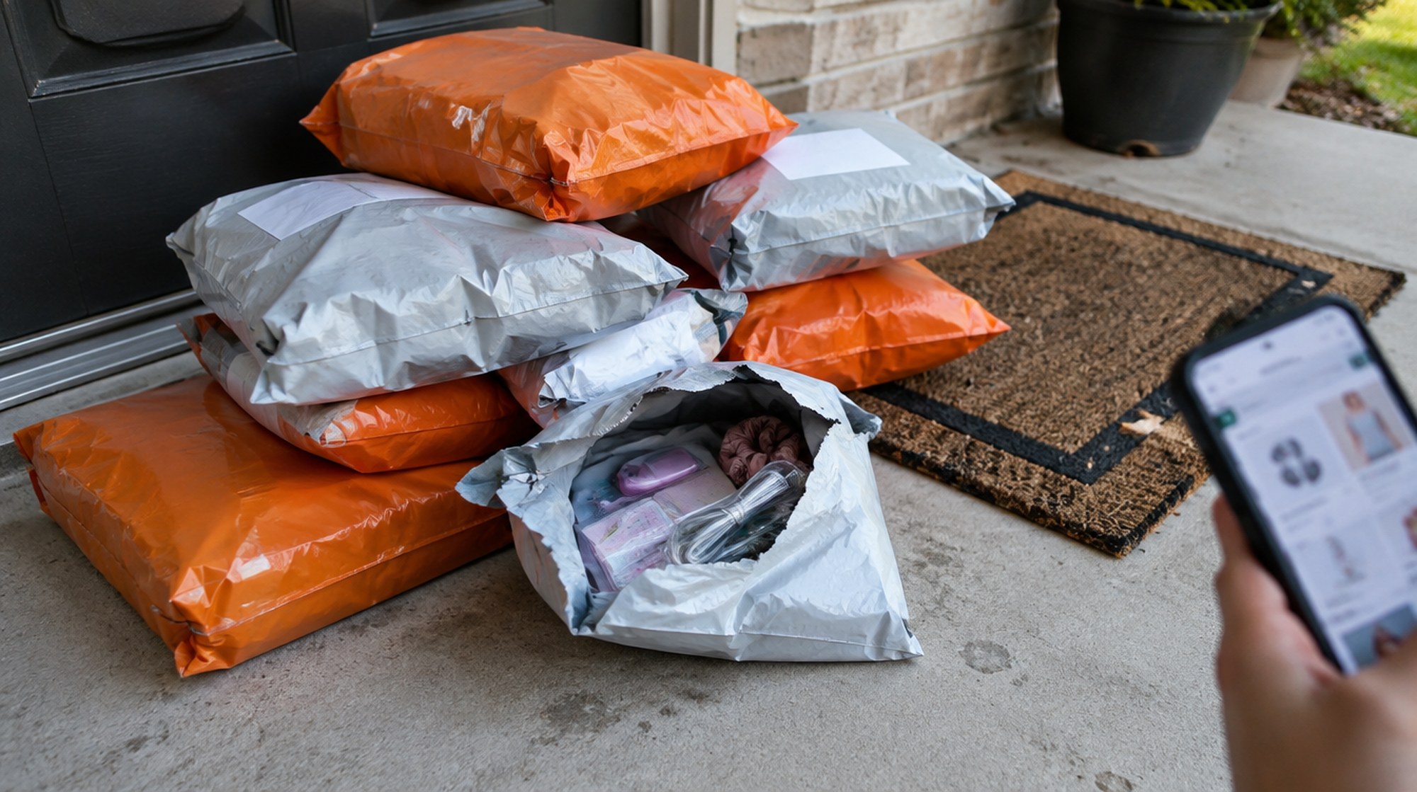 Plastic shipping packages from an online discount retailer piled on a Texas front porch.