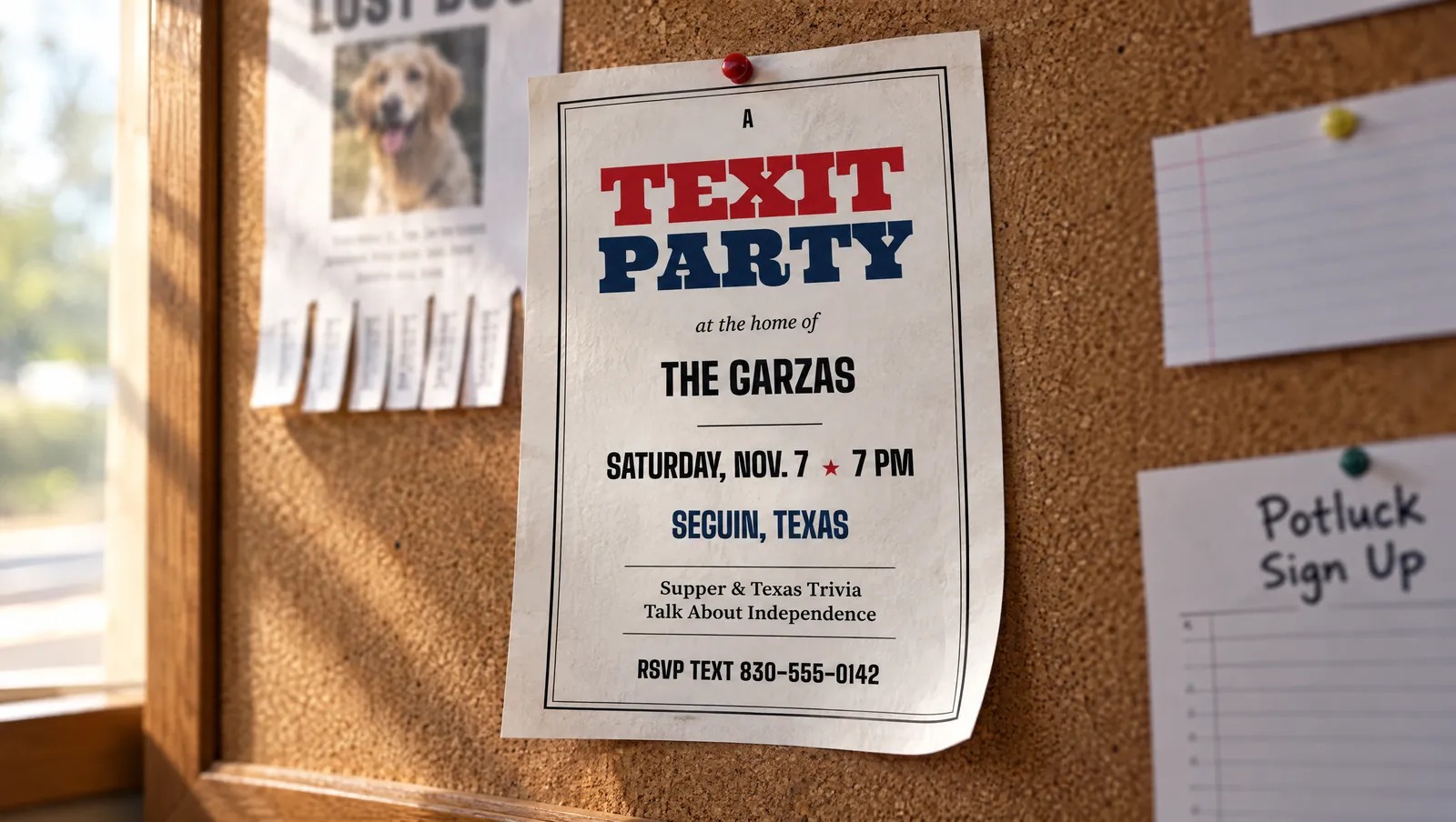 A printed TEXIT Party poster pinned to a cork bulletin board next to a lost-dog flyer and a potluck sign-up sheet.