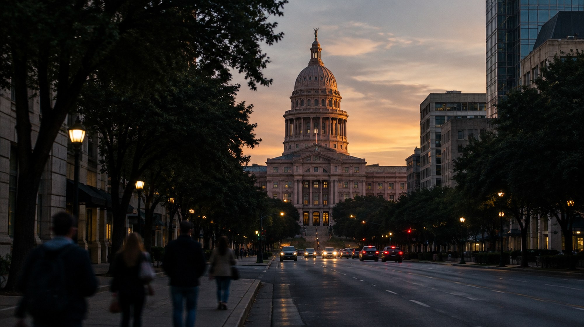 The Texas State Capitol in Austin at dusk, seen from Congress Avenue.