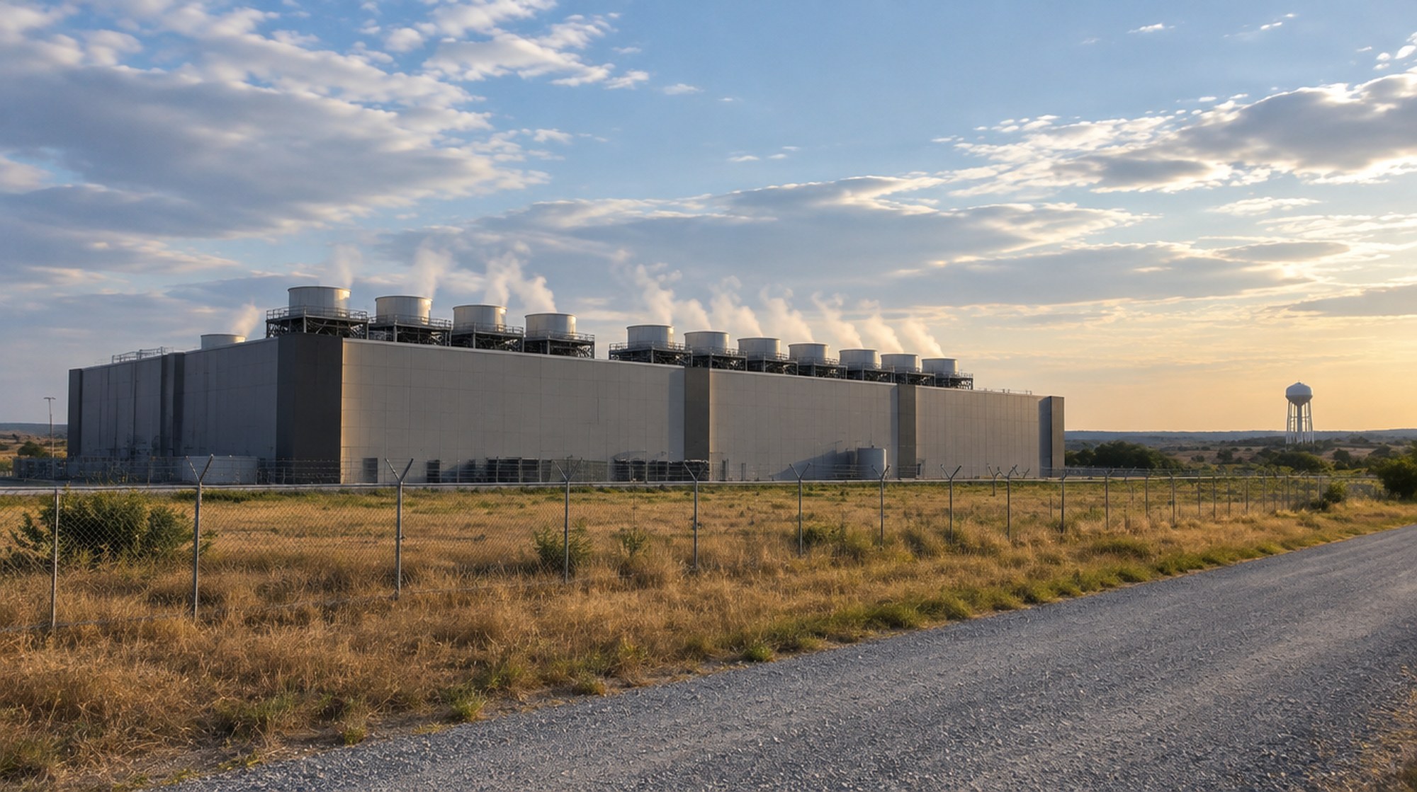A windowless data center with rooftop cooling towers behind a chain-link fence in the Central Texas countryside, with a water tower in the distance.