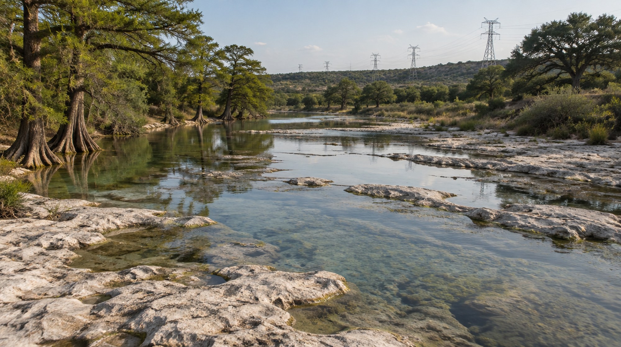 A limestone riverbed on the Nueces River near Uvalde with cypress trees and transmission towers on the horizon.