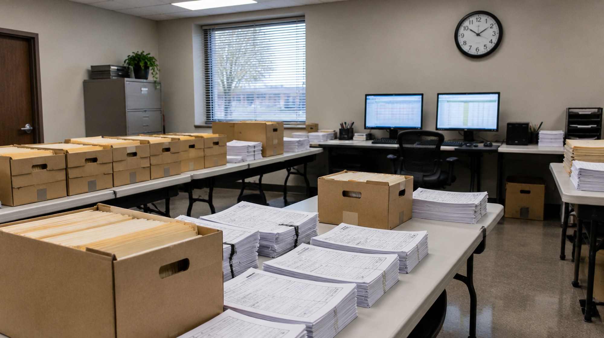 Tables stacked with file boxes and voter registration forms in a Texas county elections office.