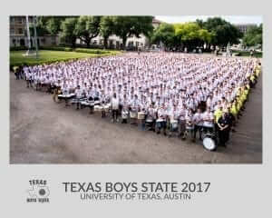 Group photo of Texas Boys State 2017 delegates assembled on a lawn at the University of Texas at Austin.