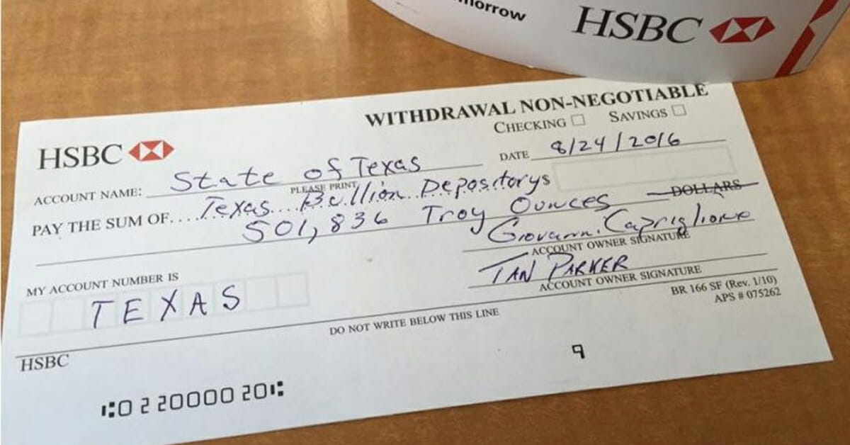 Texas gold bank withdrawal slip.