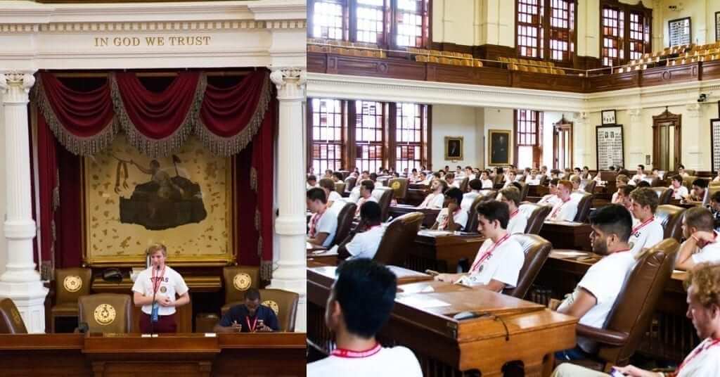 Texas-Boys-State-at-Austin-1024x536-1024x536-1024x536 Texas Boys State delegates in white shirts seated in the Texas House chamber while one speaks at the podium.