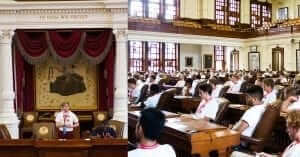 Texas Boys State delegates in white shirts seated in the Texas House chamber while one speaks at the podium.
