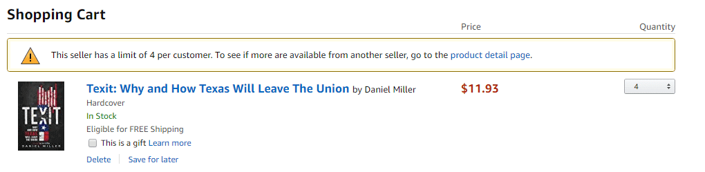 Amazon shopping cart showing a limit of four per customer on Daniel Miller's book, Texit.
