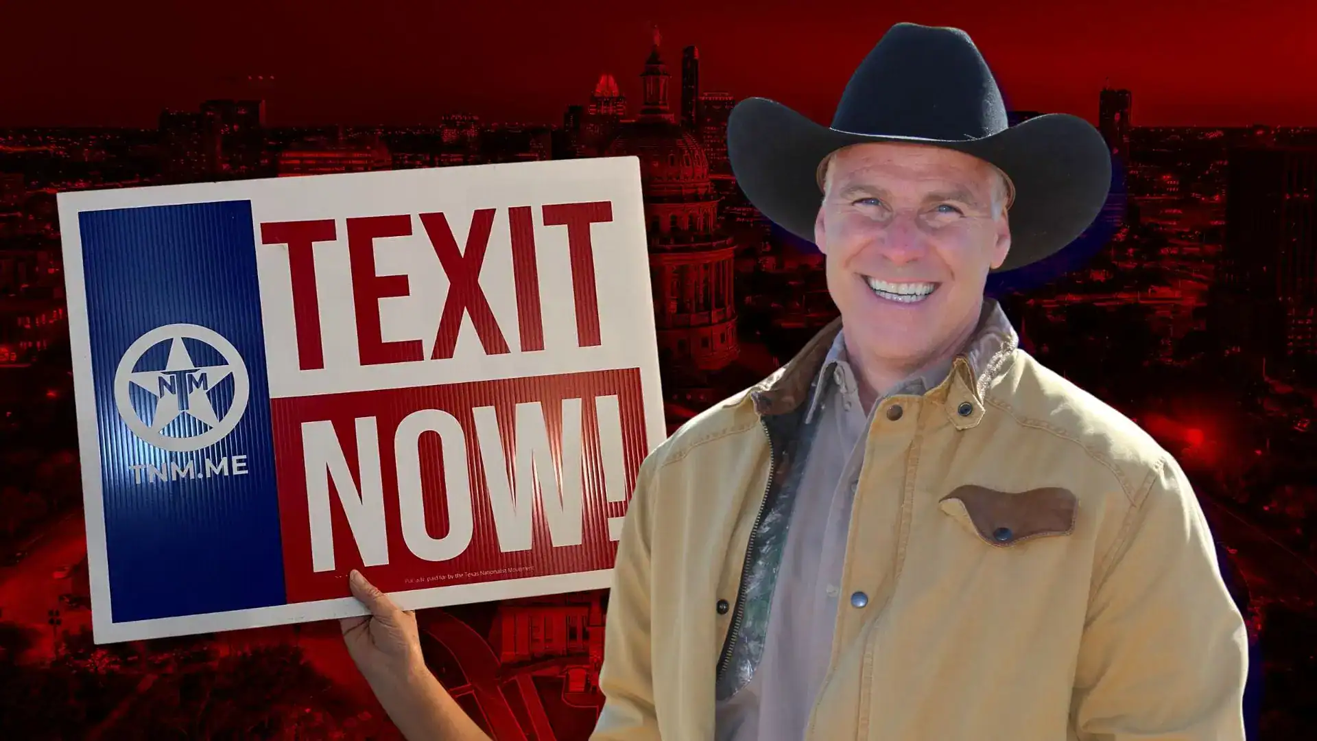 Kyle Biedermann in a black cowboy hat smiling beside a 'TEXIT Now!' yard sign.