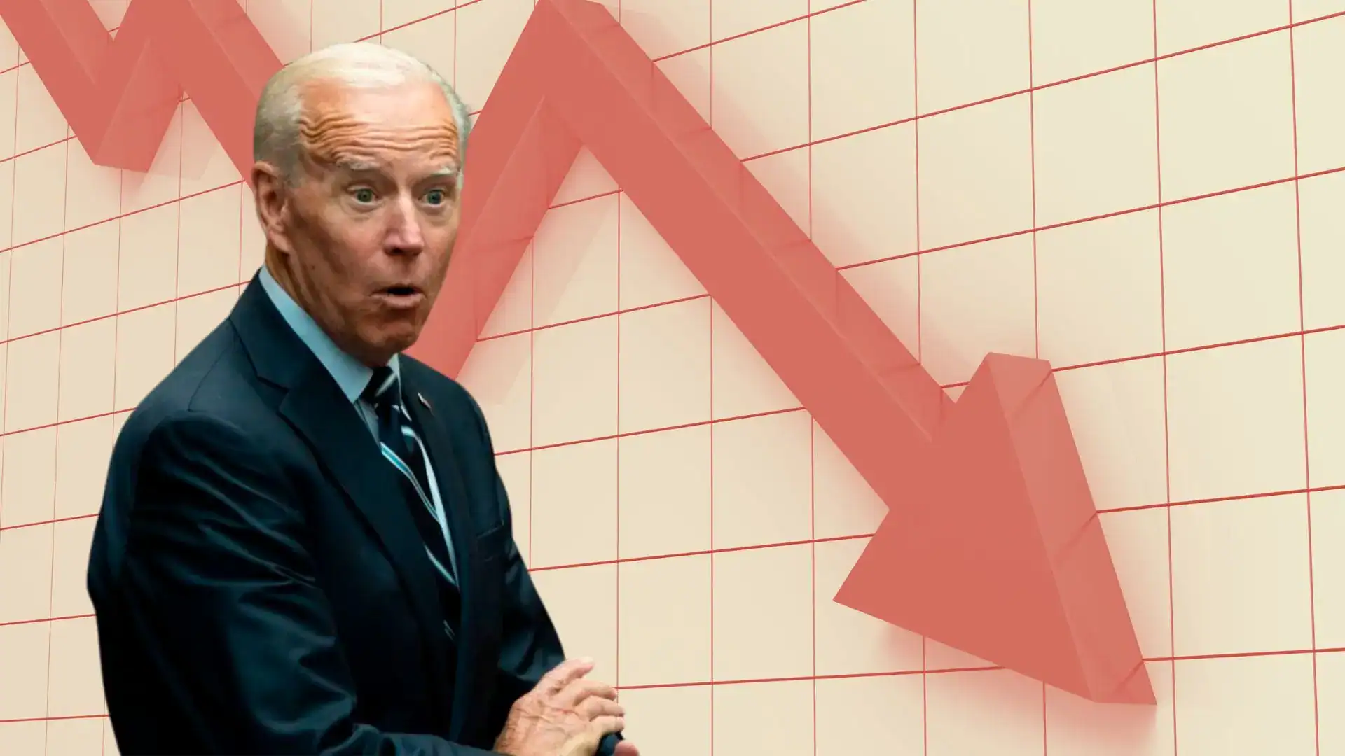 An older man in a suit looks surprised beside a red arrow falling across a line chart.