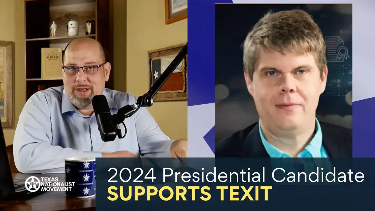 Split screen of a host at a microphone and a guest, with text reading '2024 Presidential Candidate Supports TEXIT.'