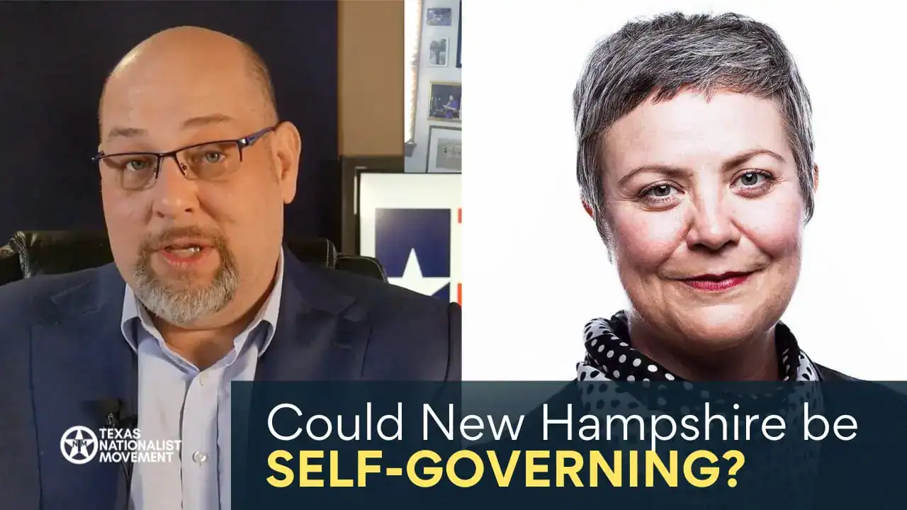 A man speaking on camera beside a portrait of a smiling woman, with text asking 'Could New Hampshire be Self-Governing?'