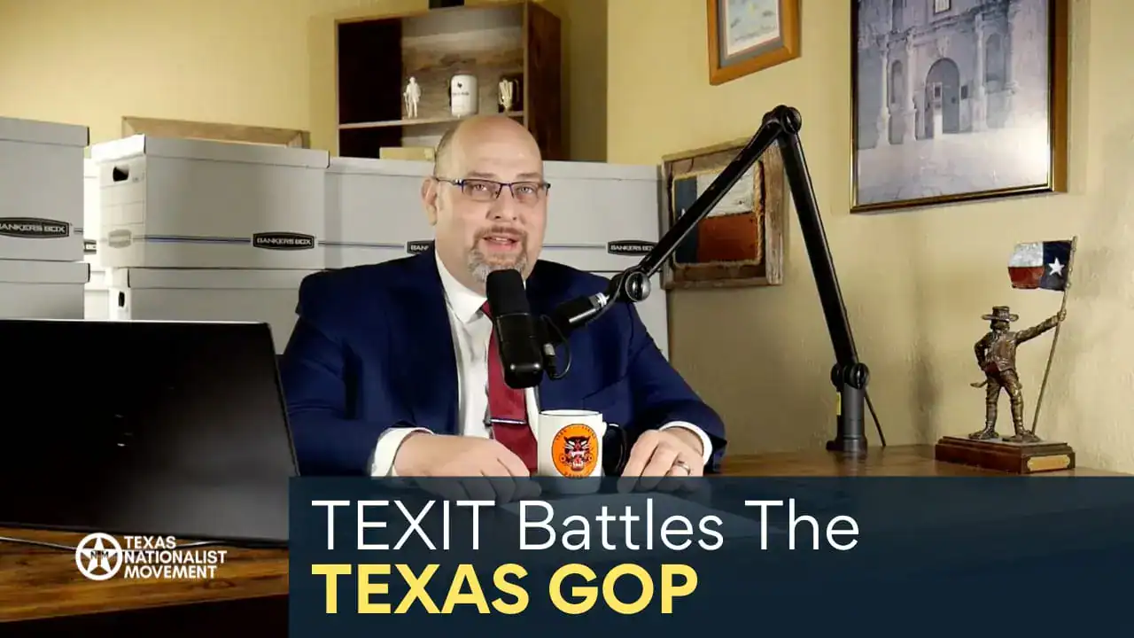 A man in a suit at a desk microphone, with text reading 'TEXIT Battles the Texas GOP.'