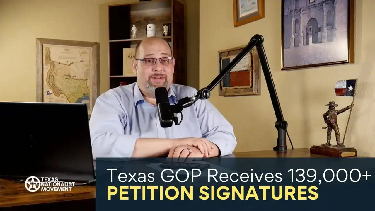 A man at a desk microphone, with text reading 'Texas GOP Receives 139,000+ Petition Signatures.'