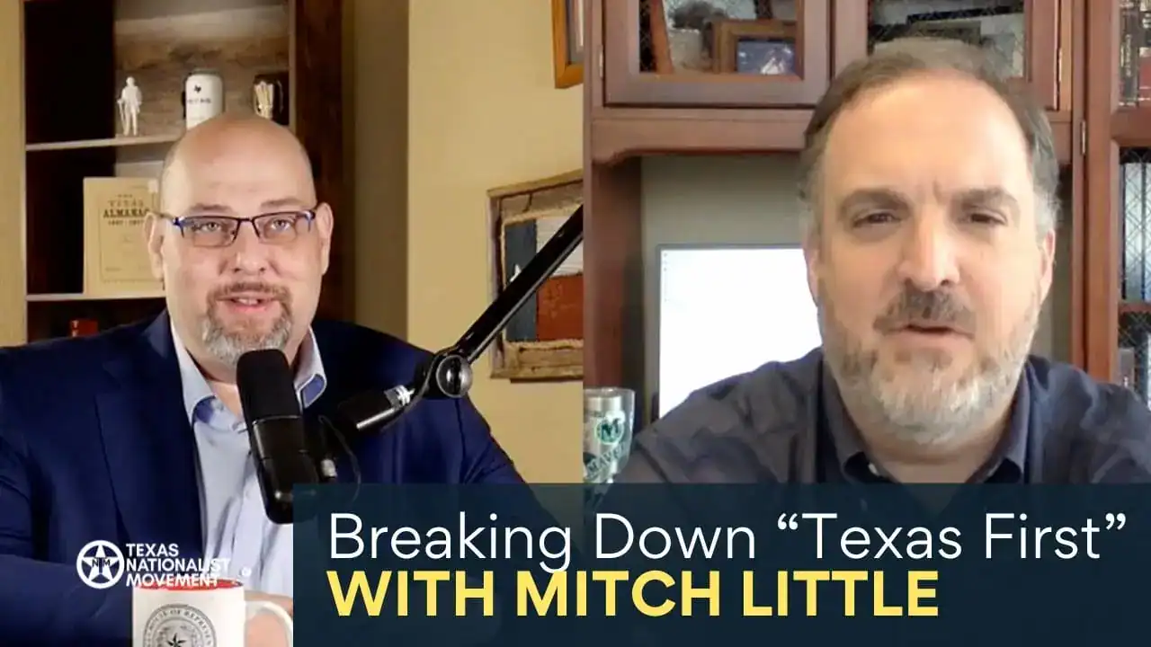 Split screen of a host and Mitch Little, with text reading 'Breaking Down Texas First with Mitch Little.'