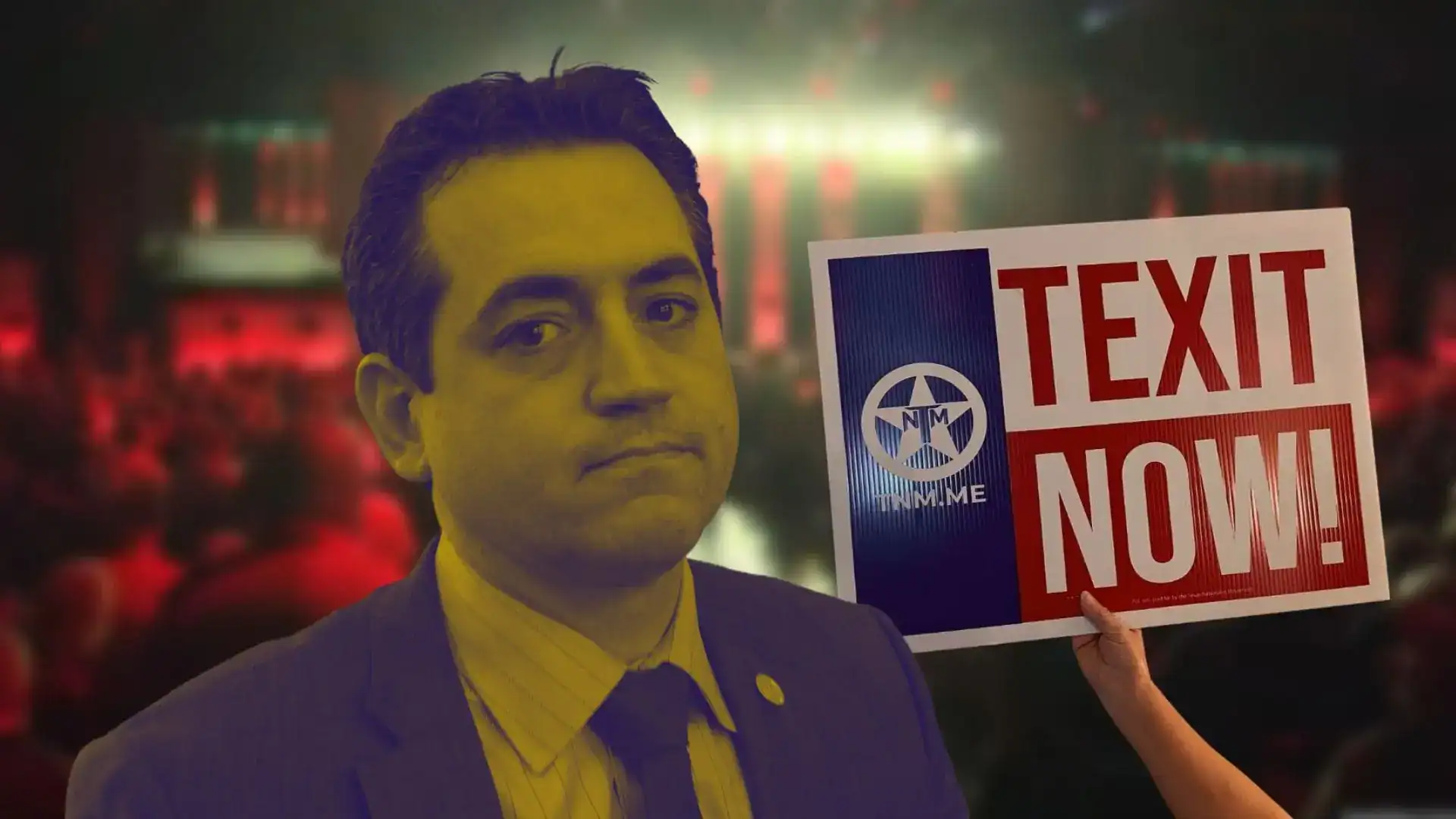 A man in a suit tinted yellow beside a hand holding a 'TEXIT Now!' sign at a crowded event.