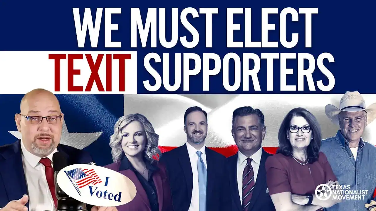 A host holding an 'I Voted' sticker beside five candidates under the headline 'We Must Elect TEXIT Supporters.'