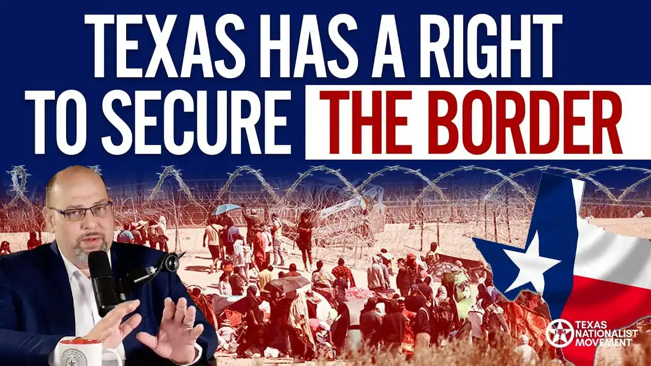 Graphic reading 'Texas Has a Right to Secure the Border' over a crowd at razor wire and a Texas map.