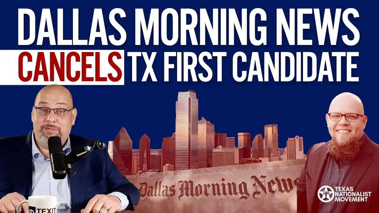 Graphic reading 'Dallas Morning News Cancels TX First Candidate' over a host, the Dallas skyline and a bearded man.