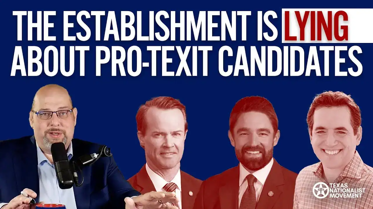 Graphic reading 'The Establishment Is Lying About Pro-TEXIT Candidates' over a host and three men in suits.