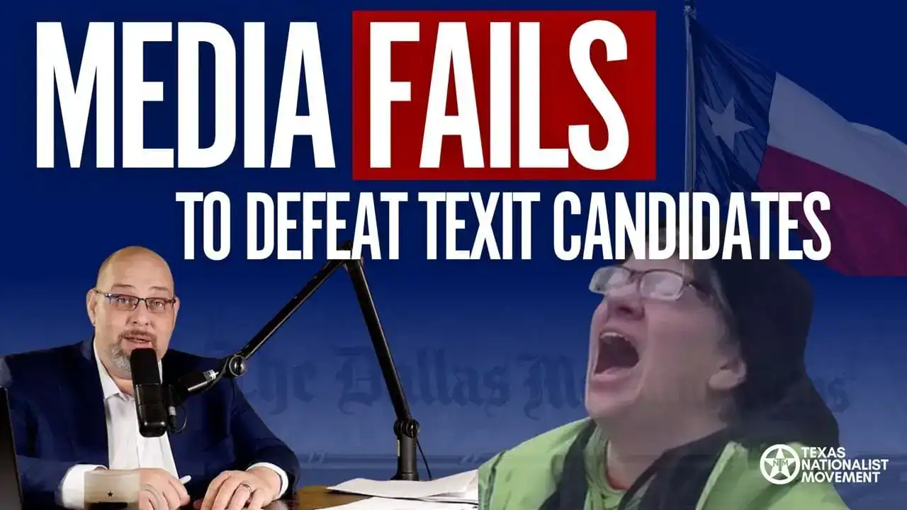 Graphic reading 'Media Fails to Defeat TEXIT Candidates' over a host at a microphone and a shouting woman.
